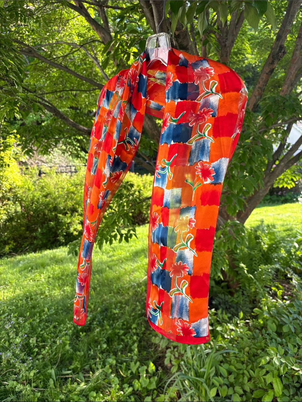 Vibrant Red Floral Silk Scarf
